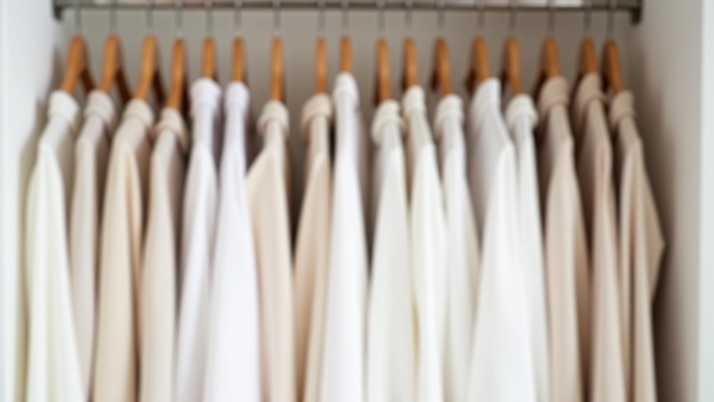 Organized closet display with neutral colored clothing pieces