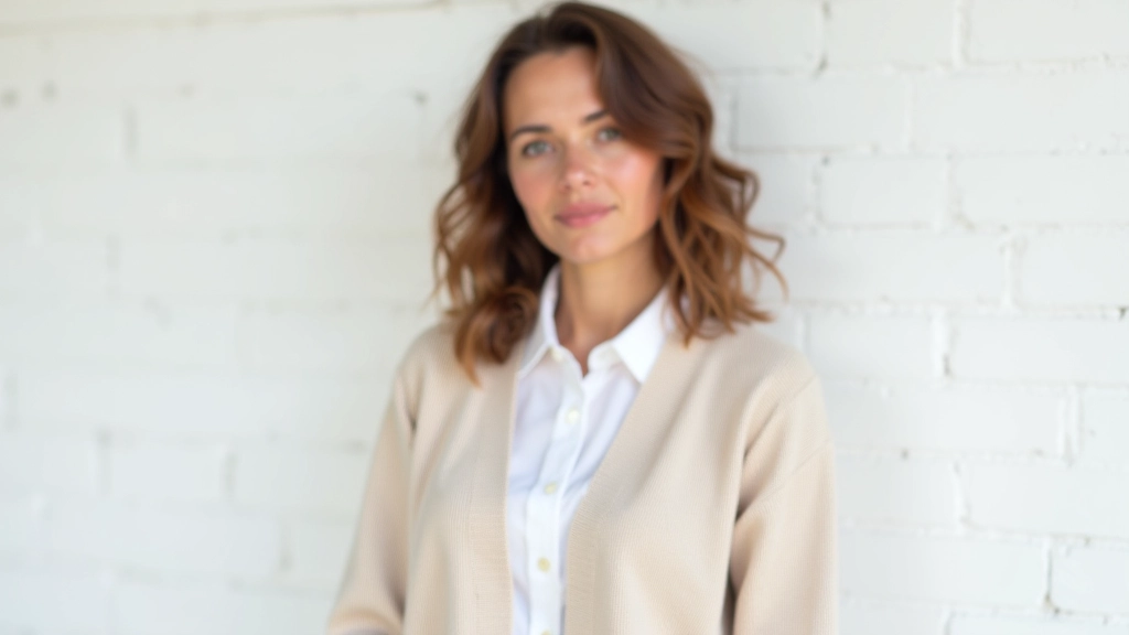 Woman in neutral layered outfit standing by minimalist white wall in natural light